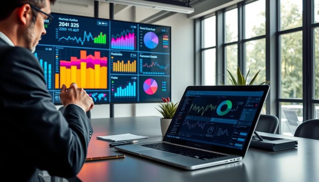 A modern office workspace featuring a large digital display with vibrant data analysis visualizations, including colorful graphs, pie charts, and trend lines. In the foreground, a professional in business attire focuses intently on the screen, clicking through the data. The middle section highlights a sleek laptop open with additional analytical tools visible, surrounded by neatly arranged notes and a vibrant potted plant. In the background, large windows allow soft natural light to flood the room, enhancing the atmosphere of productivity and innovation. The scene conveys a sense of advanced technology and professionalism, with a clean and organized aesthetic that inspires data-driven decision-making. The angle is slightly elevated to capture both the workspace and the display effectively. A modern office workspace featuring a large digital display with vibrant data analysis visualizations, including colorful graphs, pie charts, and trend lines. In the foreground, a professional in business attire focuses intently on the screen, clicking through the data. The middle section highlights a sleek laptop open with additional analytical tools visible, surrounded by neatly arranged notes and a vibrant potted plant. In the background, large windows allow soft natural light to flood the room, enhancing the atmosphere of productivity and innovation. The scene conveys a sense of advanced technology and professionalism, with a clean and organized aesthetic that inspires data-driven decision-making. The angle is slightly elevated to capture both the workspace and the display effectively.