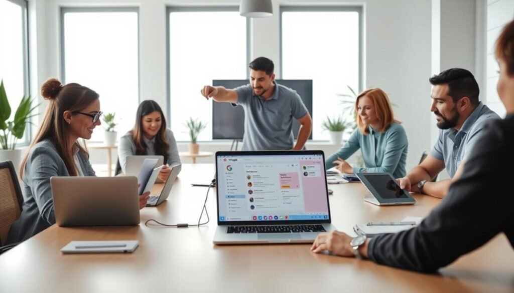 A modern office workspace featuring a large table with diverse professionals engaged in collaborative work using Google Drive on laptops and tablets. In the foreground, a woman in business attire reviews a document on her laptop while a man in a polo shirt points at the screen, showing real-time editing. In the middle, an open laptop displays a colorful Google Drive interface with shared documents and comments. The background features a large window allowing natural light to flood the space, adorned with plants and minimalist decor, creating a vibrant atmosphere of teamwork and creativity. Use soft lighting to enhance focus on the collaborative tools and the engaged expressions of the professionals. The angle should capture both the participants and the technology seamlessly, emphasizing the theme of collaboration. A modern office workspace featuring a large table with diverse professionals engaged in collaborative work using Google Drive on laptops and tablets. In the foreground, a woman in business attire reviews a document on her laptop while a man in a polo shirt points at the screen, showing real-time editing. In the middle, an open laptop displays a colorful Google Drive interface with shared documents and comments. The background features a large window allowing natural light to flood the space, adorned with plants and minimalist decor, creating a vibrant atmosphere of teamwork and creativity. Use soft lighting to enhance focus on the collaborative tools and the engaged expressions of the professionals. The angle should capture both the participants and the technology seamlessly, emphasizing the theme of collaboration.