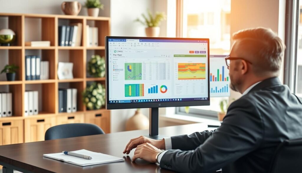A modern office workspace featuring a sleek computer monitor displaying a vibrant pivot table on the screen, showcasing colorful data visualizations and charts. In the foreground, a professional businessperson, wearing smart attire, is engaged in examining the data, with a focused expression on their face. The middle layer includes a well-organized desk with a notepad, a pen, and a smartphone, subtly hinting at leveraging technology for analysis. The background consists of softly blurred shelves filled with books and plants, creating a productive atmosphere. The lighting is bright and natural, streaming through a large window, evoking a sense of clarity and inspiration for faster data summarization. The overall mood is one of professionalism and innovative efficiency, perfect for illustrating the concept of using AI in data management. A modern office workspace featuring a sleek computer monitor displaying a vibrant pivot table on the screen, showcasing colorful data visualizations and charts. In the foreground, a professional businessperson, wearing smart attire, is engaged in examining the data, with a focused expression on their face. The middle layer includes a well-organized desk with a notepad, a pen, and a smartphone, subtly hinting at leveraging technology for analysis. The background consists of softly blurred shelves filled with books and plants, creating a productive atmosphere. The lighting is bright and natural, streaming through a large window, evoking a sense of clarity and inspiration for faster data summarization. The overall mood is one of professionalism and innovative efficiency, perfect for illustrating the concept of using AI in data management.