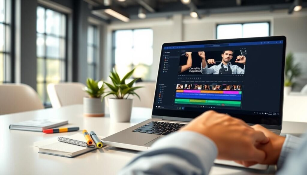 A modern office workspace featuring a sleek laptop displaying a video editing software interface with an auto-captioning feature. In the foreground, a pair of hands typing on the laptop, immersed in the task, while the screen shows vibrant captions being generated in real-time. In the middle, a stylish desk cluttered with notepad and highlighters, and a potted plant adding a touch of nature. The background reveals a bright room filled with sunlight streaming through large windows, creating an inviting atmosphere. A subtle bokeh effect softens the edges of the background, focusing attention on the hands and laptop. The overall mood is productive and innovative, highlighting the integration of AI technology in everyday tasks. A modern office workspace featuring a sleek laptop displaying a video editing software interface with an auto-captioning feature. In the foreground, a pair of hands typing on the laptop, immersed in the task, while the screen shows vibrant captions being generated in real-time. In the middle, a stylish desk cluttered with notepad and highlighters, and a potted plant adding a touch of nature. The background reveals a bright room filled with sunlight streaming through large windows, creating an inviting atmosphere. A subtle bokeh effect softens the edges of the background, focusing attention on the hands and laptop. The overall mood is productive and innovative, highlighting the integration of AI technology in everyday tasks.