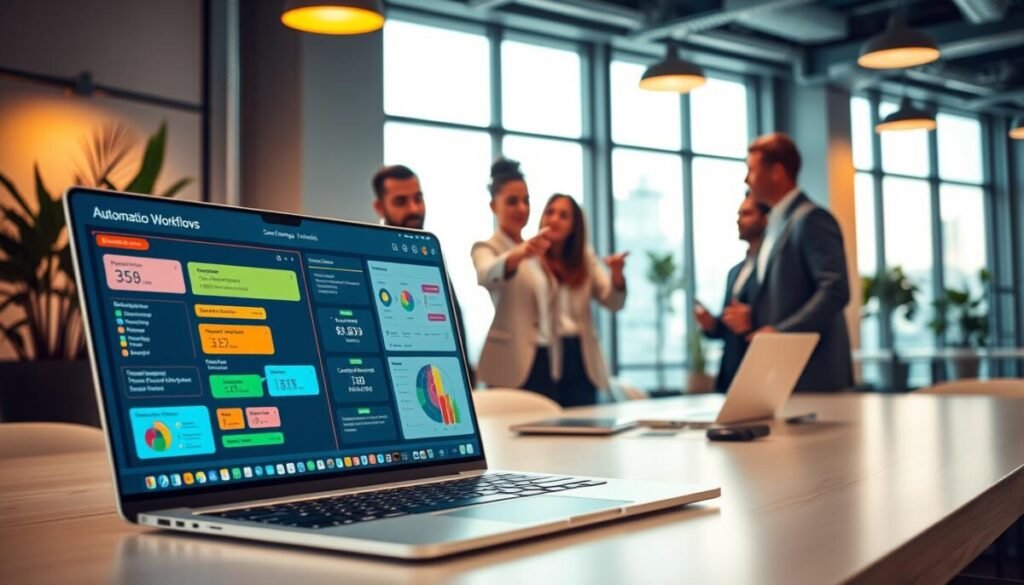 A modern office workspace featuring a vibrant digital dashboard displaying automation workflows. In the foreground, a sleek laptop connected to an external monitor showcases colorful flowcharts and task automation diagrams. In the middle ground, a diverse group of professionals in business attire are engaged in a discussion, pointing at the screen and analyzing data together. The background reveals large windows with natural light streaming in, highlighting a contemporary office environment with plants and minimalist decor. The atmosphere is collaborative and focused, evoking a sense of efficiency and innovation, illuminated by warm lighting. The lens is at eye level, capturing dynamic expressions and a sense of teamwork. A modern office workspace featuring a vibrant digital dashboard displaying automation workflows. In the foreground, a sleek laptop connected to an external monitor showcases colorful flowcharts and task automation diagrams. In the middle ground, a diverse group of professionals in business attire are engaged in a discussion, pointing at the screen and analyzing data together. The background reveals large windows with natural light streaming in, highlighting a contemporary office environment with plants and minimalist decor. The atmosphere is collaborative and focused, evoking a sense of efficiency and innovation, illuminated by warm lighting. The lens is at eye level, capturing dynamic expressions and a sense of teamwork.