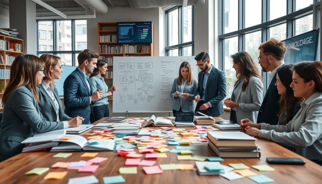 A modern office workspace filled with a diverse team of professionals collaborating on knowledge management notes. In the foreground, a large wooden table is cluttered with colorful sticky notes, open notebooks, and digital devices displaying brainstorming tools. The middle of the scene features focused individuals, dressed in professional business attire, engaging in discussions and jotting down ideas on a whiteboard filled with diagrams and key insights. In the background, large windows allow natural light to flood the room, illuminating bookshelves filled with reference materials. A digital screen displays charts related to team productivity. The mood is vibrant and collaborative, capturing the essence of teamwork and creative brainstorming in a professional environment.