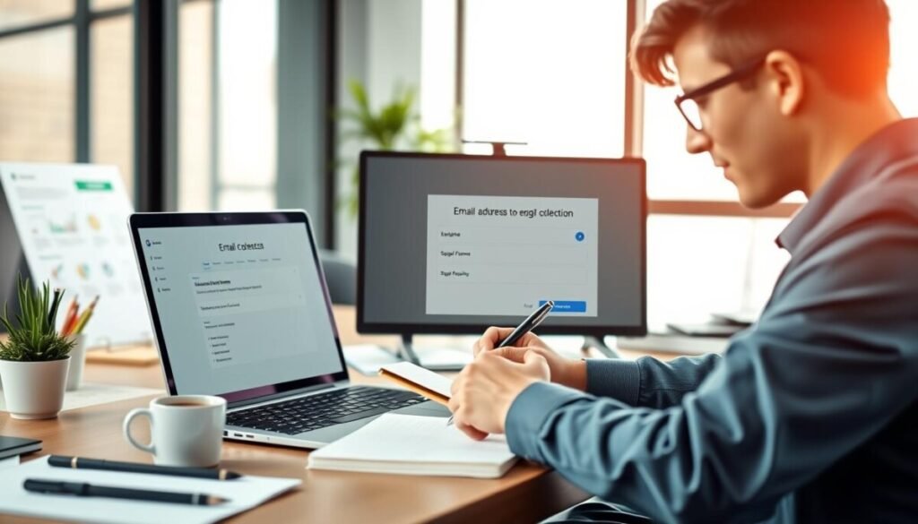 A modern office workspace filled with technology, focusing on a sleek laptop screen displaying a Google Forms interface centered around email collection. In the foreground, a professional person dressed in business casual attire is interacting with the laptop, taking notes on a notepad. The middle ground features a well-organized desk with stationery items, a coffee mug, and a potted plant, suggesting productivity. The background hints at a bright office window with soft, natural light streaming in, creating a warm and inviting atmosphere. The overall mood is one of focus and efficiency, emphasizing the ease of collecting email addresses for quizzes in an engaging and accessible manner.