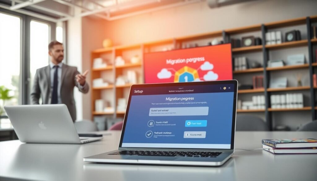 A modern office workspace filled with technology tools for account creation and migration. In the foreground, a sleek laptop displays an intuitive setup interface with progress bars and secure email icons. To the left, a professional in business attire gestures towards the laptop, explaining features to a colleague. The middle ground features a large monitor showing a colorful migration progress visualization with cloud motifs. In the background, soft-focus shelves hold books on cybersecurity and email management, while bright daylight filters through large windows, casting a warm glow across the scene. The overall atmosphere is one of collaboration and efficiency, highlighting the importance of secure email setup and account management. A modern office workspace filled with technology tools for account creation and migration. In the foreground, a sleek laptop displays an intuitive setup interface with progress bars and secure email icons. To the left, a professional in business attire gestures towards the laptop, explaining features to a colleague. The middle ground features a large monitor showing a colorful migration progress visualization with cloud motifs. In the background, soft-focus shelves hold books on cybersecurity and email management, while bright daylight filters through large windows, casting a warm glow across the scene. The overall atmosphere is one of collaboration and efficiency, highlighting the importance of secure email setup and account management.