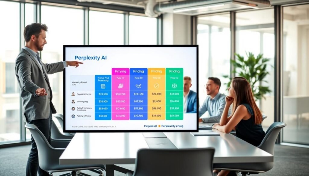 A modern office workspace scene showcasing a digital display with a visually appealing chart illustrating various pricing plans for Perplexity AI. In the foreground, a well-dressed professional in casual business attire points at the screen, engaging with a diverse team of colleagues seated around a sleek conference table, all appearing focused and intrigued. The middle ground highlights the digital chart, featuring vibrant colors and icons representing different pricing tiers, with clear divisions and a user-friendly design. The background reveals a contemporary office with large windows filtering in soft, natural light, creating a warm and collaborative atmosphere. The overall mood is one of innovation and teamwork, emphasizing the analytical nature of perplexity pricing.