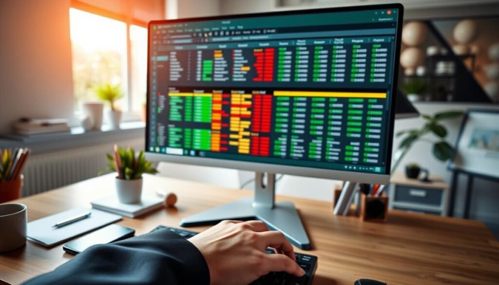 A modern office workspace scene, showcasing a large computer monitor displaying an Excel spreadsheet filled with colorful conditional formatting examples. In the foreground, an elegant hand, dressed in a professional business outfit, hovers over the keyboard, poised to implement dynamic criteria formulas. The middle ground features a close-up of the spreadsheet, highlighting cells with vibrant color gradients and icons indicating conditional logic. The background reveals a well-organized desk with office supplies, a plant, and soft ambient lighting from a window, creating a warm and productive atmosphere. The angle captures both the hand and the screen clearly, emphasizing the interaction between the user and the software. The mood is focused and innovative, inviting viewers to engage with the topic of Excel’s capabilities. A modern office workspace scene, showcasing a large computer monitor displaying an Excel spreadsheet filled with colorful conditional formatting examples. In the foreground, an elegant hand, dressed in a professional business outfit, hovers over the keyboard, poised to implement dynamic criteria formulas. The middle ground features a close-up of the spreadsheet, highlighting cells with vibrant color gradients and icons indicating conditional logic. The background reveals a well-organized desk with office supplies, a plant, and soft ambient lighting from a window, creating a warm and productive atmosphere. The angle captures both the hand and the screen clearly, emphasizing the interaction between the user and the software. The mood is focused and innovative, inviting viewers to engage with the topic of Excel’s capabilities.