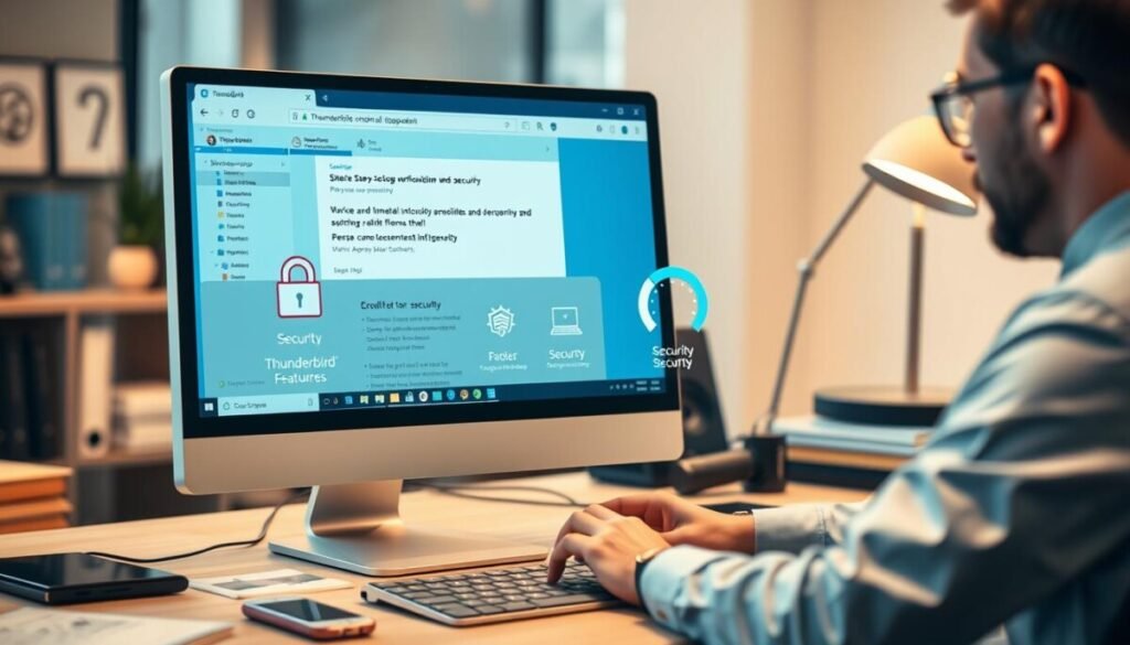 A modern office workspace showcasing a sleek desktop computer running the Thunderbird email client. In the foreground, a professional in business attire is focused on the screen, implementing security features like two-factor authentication and spam filters. The middle layer includes visual representations of security elements: padlocks, firewalls, and performance icons, such as speedometers and charts, symbolizing enhanced efficiency. The background features a well-organized desk with books and tech gadgets, accentuating a productive environment. Soft, warm lighting creates an inviting atmosphere, while a shallow depth of field emphasizes the subject in action. The overall mood conveys professionalism, focus, and a commitment to improving digital security and performance in email management. A modern office workspace showcasing a sleek desktop computer running the Thunderbird email client. In the foreground, a professional in business attire is focused on the screen, implementing security features like two-factor authentication and spam filters. The middle layer includes visual representations of security elements: padlocks, firewalls, and performance icons, such as speedometers and charts, symbolizing enhanced efficiency. The background features a well-organized desk with books and tech gadgets, accentuating a productive environment. Soft, warm lighting creates an inviting atmosphere, while a shallow depth of field emphasizes the subject in action. The overall mood conveys professionalism, focus, and a commitment to improving digital security and performance in email management.
