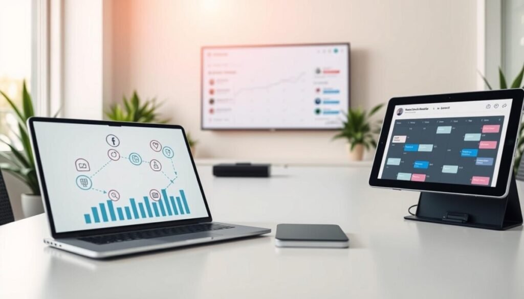 A modern office workspace showcasing automated social media workflows. In the foreground, a sleek desk with a laptop displaying graphs and social media icons connected by arrows, symbolizing automation. To the right, a digital tablet with a calendar app open, indicating scheduling of posts. The middle layer includes a large monitor on the wall displaying a dashboard with analytics and notifications related to social media management. In the background, bright, natural lighting illuminates the scene, enhancing a professional atmosphere, with indoor plants adding a touch of greenery. The camera angle is slightly elevated to capture the entire workspace, fostering a sense of organization and efficiency, perfect for illustrating the benefits of automated workflows.