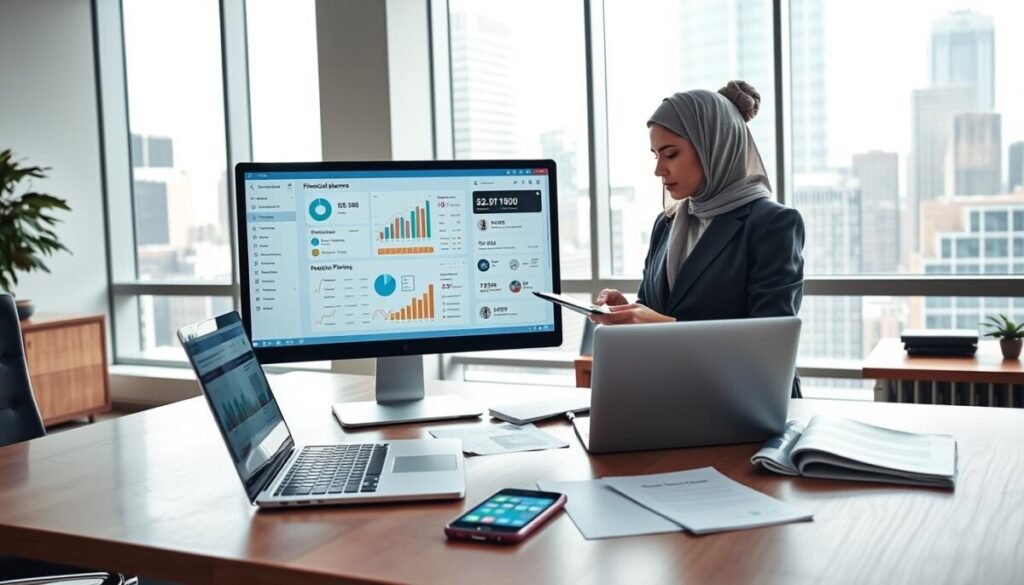 A modern office workspace showcasing specialized financial planning software on a sleek computer screen. In the foreground, an elegant desktop with a laptop displaying a visually appealing dashboard filled with charts, graphs, and financial data analytics. A professional businesswoman in modest attire is analyzing the data, taking notes on a notepad beside her. The middle ground includes a stylish wooden desk with an open laptop, financial reports scattered around, and a smartphone displaying a financial app. The background features large windows letting in natural light, creating a bright, inviting atmosphere, with skyscrapers visible outside. The scene conveys a mood of focus and professionalism, emphasizing productivity and financial expertise. A modern office workspace showcasing specialized financial planning software on a sleek computer screen. In the foreground, an elegant desktop with a laptop displaying a visually appealing dashboard filled with charts, graphs, and financial data analytics. A professional businesswoman in modest attire is analyzing the data, taking notes on a notepad beside her. The middle ground includes a stylish wooden desk with an open laptop, financial reports scattered around, and a smartphone displaying a financial app. The background features large windows letting in natural light, creating a bright, inviting atmosphere, with skyscrapers visible outside. The scene conveys a mood of focus and professionalism, emphasizing productivity and financial expertise.