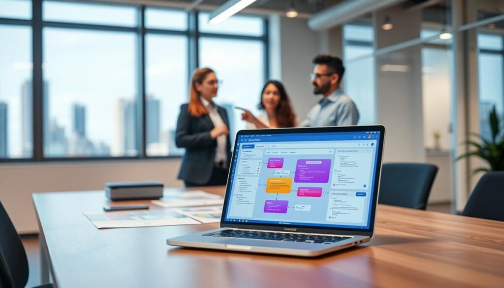 A modern office workspace showcasing the concept of building an automated workflow. In the foreground, a sleek desk with a laptop displaying a colorful, user-friendly interface of n8n, surrounded by flowcharts and automation scripts. In the middle, a diverse group of three professionals in business attire engaged in discussion, with one pointing at the laptop. The background features a bright window with a view of a city skyline, symbolizing progress and innovation. Soft, ambient lighting enhances a collaborative atmosphere, while a shallow depth of field focuses on the workflow elements. The overall mood is professional and inspirational, emphasizing creativity and teamwork in automation.