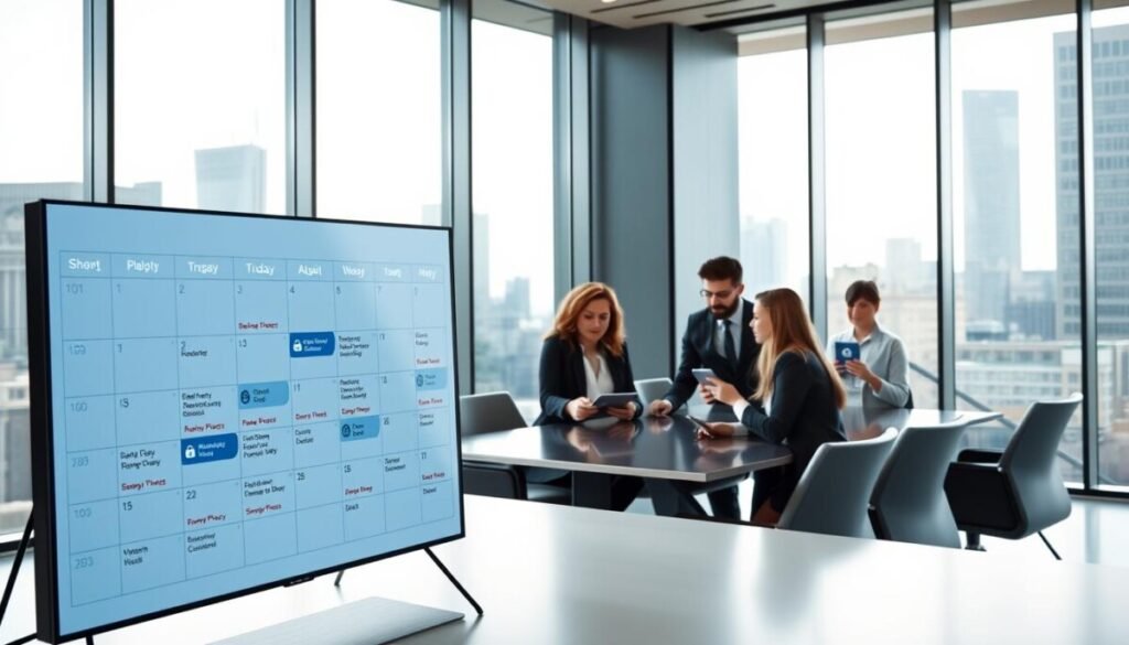 A modern, professional office setting with a large calendar displayed on a digital screen in the foreground, showcasing organized scheduling slots. In the middle, a diverse group of business professionals in business attire discuss around a sleek conference table, some holding digital tablets depicting data privacy icons like locks and shields. The background features glass walls with a city skyline, emphasizing a high-tech, corporate atmosphere. Soft, natural lighting streams in from large windows, casting gentle shadows. The overall mood is focused and collaborative, highlighting the importance of compliance and data privacy in scheduling tools.