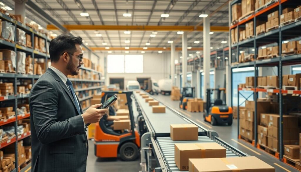 A modern shipping fulfillment center bustling with activity, featuring rows of organized shelves filled with packaged goods. In the foreground, a professional worker in smart business attire scans packages with a handheld device, while in the middle ground, automated conveyor belts transport boxes to be loaded onto delivery trucks. Forklifts are seen maneuvering safely among the aisles, and in the background, large bay doors open to reveal cargo trucks waiting for loading. Soft, natural lighting filters through large windows, creating a bright and efficient atmosphere. The scene conveys a sense of speed and professionalism, highlighting the infrastructure's role in international shipping capabilities. The angle should be slightly elevated, capturing the scale of the facility and the organized chaos of shipping processes.