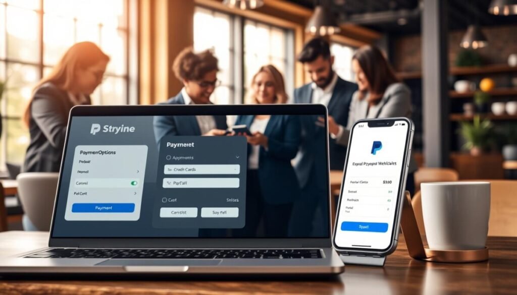 A modern, sleek checkout interface displayed on a laptop and a smartphone, visually representing payment options of Stripe and PayPal. In the foreground, the laptop shows a user-friendly payment screen with clear buttons and icons for credit cards and digital wallets. The smartphone, propped beside it, features an app interface with simple navigation and vibrant colors. In the middle layer, a diverse group of small business owners interacts with the devices, dressed in professional business attire, exuding a sense of collaboration and innovation. The background is a cozy cafe setting with soft, natural lighting pouring in through large windows, creating a welcoming atmosphere. The overall mood should be inspiring and dynamic, highlighting ease of use and developer accessibility in payment processing. A modern, sleek checkout interface displayed on a laptop and a smartphone, visually representing payment options of Stripe and PayPal. In the foreground, the laptop shows a user-friendly payment screen with clear buttons and icons for credit cards and digital wallets. The smartphone, propped beside it, features an app interface with simple navigation and vibrant colors. In the middle layer, a diverse group of small business owners interacts with the devices, dressed in professional business attire, exuding a sense of collaboration and innovation. The background is a cozy cafe setting with soft, natural lighting pouring in through large windows, creating a welcoming atmosphere. The overall mood should be inspiring and dynamic, highlighting ease of use and developer accessibility in payment processing.