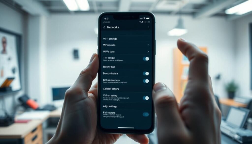 A modern, sleek smartphone displaying a detailed network settings screen, prominently featuring options like Wi-Fi, cellular data, and Bluetooth settings. In the foreground, the smartphone is held by a pair of hands, carefully positioned to highlight the screen's content. In the middle ground, a blurred-out technician's workspace with subtle hints of tools and gadgets conveys a tech-savvy atmosphere. The background includes a gently lit room with a soft-focus effect to create a calming, focused mood indicating troubleshooting. The lighting should be bright yet soft, reminiscent of a bright indoor setting, to accentuate the device’s clarity. The angle is slightly overhead, allowing for a comprehensive view of the device and its screen.