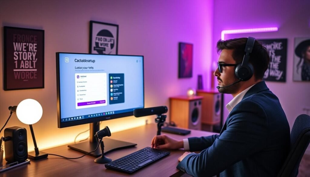 A modern, sleek workspace dedicated to online content creation. In the foreground, a computer monitor displays a vibrant interface for channel setup, with bright, user-friendly icons and registration forms. A confident individual, dressed in smart casual attire, interacts with the screen, showcasing focus and determination. In the middle, a stylish desk holds gaming equipment, including a professional microphone and a high-quality webcam. The background features subtle lighting that creates a welcoming atmosphere, with motivational posters on the walls and ambient LED lights casting soft hues. The overall mood is productive and inspiring, reflecting the excitement of launching a Twitch channel efficiently. A modern, sleek workspace dedicated to online content creation. In the foreground, a computer monitor displays a vibrant interface for channel setup, with bright, user-friendly icons and registration forms. A confident individual, dressed in smart casual attire, interacts with the screen, showcasing focus and determination. In the middle, a stylish desk holds gaming equipment, including a professional microphone and a high-quality webcam. The background features subtle lighting that creates a welcoming atmosphere, with motivational posters on the walls and ambient LED lights casting soft hues. The overall mood is productive and inspiring, reflecting the excitement of launching a Twitch channel efficiently.