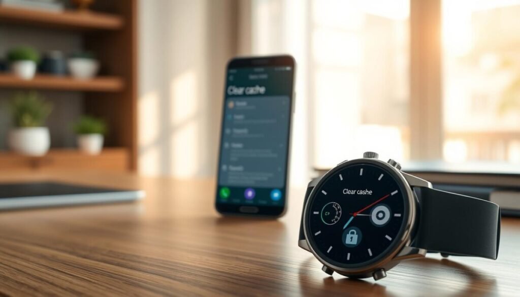A modern, sleek workspace featuring a Samsung Galaxy Watch prominently displayed on a wooden desk. In the foreground, the watch screen shows a graphical representation of a "clear cache" process with visual indicators like progress bars and app icons. In the middle, a stylish smartphone with a blurred screen displaying app permissions, indicating a connection with the watch. The background features a soft-focus view of a tech-savvy environment, with soft natural light filtering through a window, creating a warm and inviting atmosphere. The composition emphasizes clarity and organization, symbolizing the process of clearing cache and managing app permissions effectively. The overall mood is calm and focused, ideal for a tech troubleshooting theme.