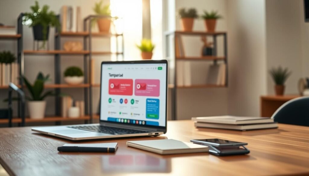 A modern, sleek workspace featuring a high-tech laptop displaying a vibrant interface for a temporary email service. In the foreground, a close-up of the laptop screen shows a colorful, user-friendly dashboard with symbols of disposable addresses, such as letters or envelopes, and bright, engaging icons. The middle layer showcases stylish office supplies — a notepad, a pen, and a smartphone — arranged neatly on a polished wooden desk. In the background, soft-focus shelves lined with books and potted plants create a calming atmosphere. Natural sunlight streams through a window, casting warm, inviting light. The mood is professional yet approachable, promoting efficient communication and digital safety. The composition should be sharp, captured with a 35mm lens to highlight the details. A modern, sleek workspace featuring a high-tech laptop displaying a vibrant interface for a temporary email service. In the foreground, a close-up of the laptop screen shows a colorful, user-friendly dashboard with symbols of disposable addresses, such as letters or envelopes, and bright, engaging icons. The middle layer showcases stylish office supplies — a notepad, a pen, and a smartphone — arranged neatly on a polished wooden desk. In the background, soft-focus shelves lined with books and potted plants create a calming atmosphere. Natural sunlight streams through a window, casting warm, inviting light. The mood is professional yet approachable, promoting efficient communication and digital safety. The composition should be sharp, captured with a 35mm lens to highlight the details.