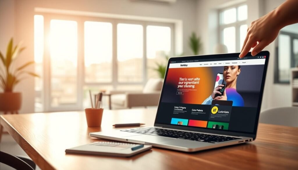 A modern, sleek workspace showcasing a digital design environment. In the foreground, a laptop displays a visually engaging website template open in Webflow, with vibrant colors and customizable branding elements like logos and color palettes. A hand adjusts the screen, emphasizing the act of customization. In the middle ground, a potted plant and a notepad with sketches lie on a wooden desk, adding a touch of creativity. The background features a bright, airy room with large windows letting in natural light, reflecting a cheerful and productive atmosphere. The angle is a slightly elevated view, enhancing the depth of the scene. Warm light creates a welcoming and inspiring feel, suitable for beginners venturing into web design.