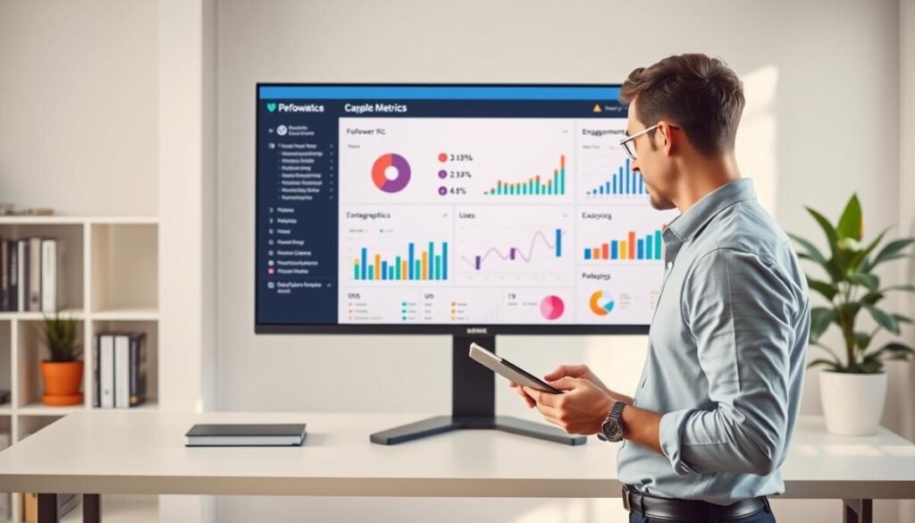 A modern, sleek workspace showcasing a digital performance metrics dashboard on a large monitor. In the foreground, an analytics professional in smart casual clothing studies the screen intently, taking notes on a tablet. The middle layer features colorful graphs and charts displaying follower statistics, engagement rates, and user demographics. The background includes shelves with books on social media strategy and a potted plant adding a touch of greenery. Soft, natural light streams in through a window, creating an inviting atmosphere that encourages focus and analysis. The scene conveys a sense of professionalism and enthusiasm for data-driven decision-making, emphasizing the importance of metrics in enhancing social media presence. A modern, sleek workspace showcasing a digital performance metrics dashboard on a large monitor. In the foreground, an analytics professional in smart casual clothing studies the screen intently, taking notes on a tablet. The middle layer features colorful graphs and charts displaying follower statistics, engagement rates, and user demographics. The background includes shelves with books on social media strategy and a potted plant adding a touch of greenery. Soft, natural light streams in through a window, creating an inviting atmosphere that encourages focus and analysis. The scene conveys a sense of professionalism and enthusiasm for data-driven decision-making, emphasizing the importance of metrics in enhancing social media presence.