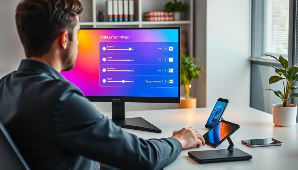 A modern, sleek workspace showcasing a person in smart casual attire sitting at a desk with a high-resolution computer monitor displaying vibrant graphics of display settings optimization. In the foreground, the individual is focused on adjusting sliders and toggles for brightness, color calibration, and resolution. The middle ground features an array of tech gadgets, including a smartphone and tablet, illustrating various display options, while a soft glow emanates from the monitor. The background includes a well-organized shelf with books on technology and a plant for a touch of nature. The lighting is bright and inviting, creating a tech-savvy atmosphere that conveys the importance of optimizing display and processor settings for devices, emphasizing clarity and efficiency.