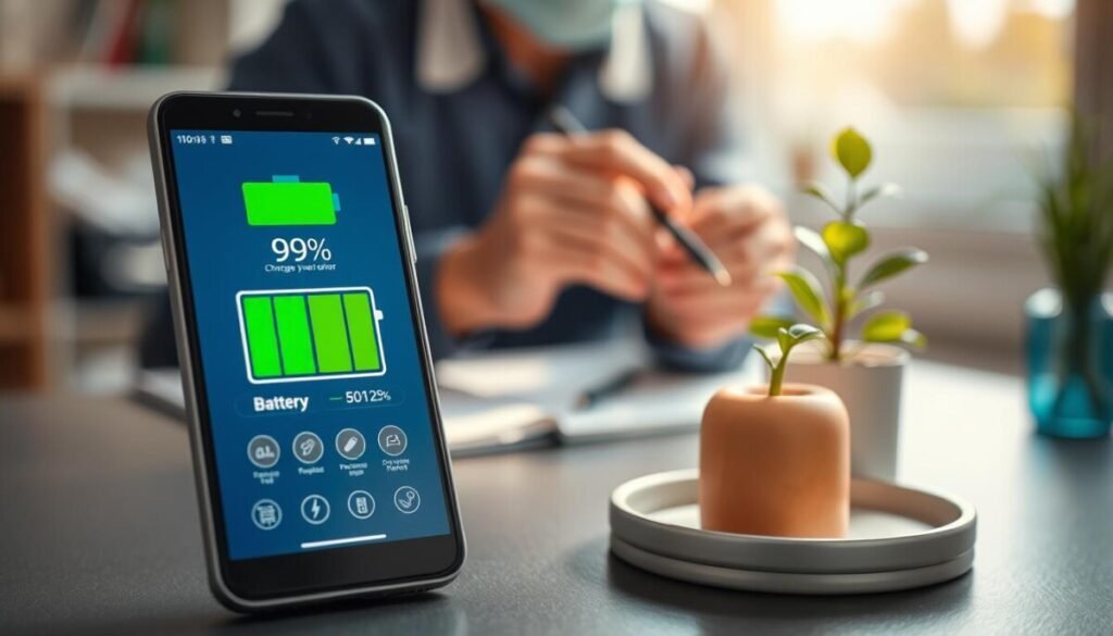A modern smartphone battery displayed prominently in the foreground, showcasing a vibrant digital screen with a graphical representation of battery health metrics, such as charge percentage and temperature. In the middle ground, a soft-focus view of a technician's hands gently calibrating the device with precision tools. The background features a serene workspace with natural light pouring through a window, illuminating a small plant and notepad, symbolizing healthy habits. The scene has a warm, inviting atmosphere, emphasizing care and professionalism. The focus is on clarity and detail, capturing the essence of maintaining battery health, with a slight depth of field effect to enhance the subject. A modern smartphone battery displayed prominently in the foreground, showcasing a vibrant digital screen with a graphical representation of battery health metrics, such as charge percentage and temperature. In the middle ground, a soft-focus view of a technician's hands gently calibrating the device with precision tools. The background features a serene workspace with natural light pouring through a window, illuminating a small plant and notepad, symbolizing healthy habits. The scene has a warm, inviting atmosphere, emphasizing care and professionalism. The focus is on clarity and detail, capturing the essence of maintaining battery health, with a slight depth of field effect to enhance the subject.