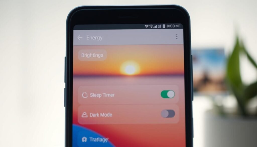 A modern smartphone display settings interface prominently featured in the foreground, showcasing a sleek, user-friendly design with icons for Brightness, Sleep Timer, and Dark Mode. The middle layer reveals a blurred gradient background displaying a beautiful sunrise, symbolizing energy efficiency, with soft pastel colors merging from peach to soft blue. In the background, a faint silhouette of a home screen with natural imagery represents relaxation and tranquility. The image is illuminated by soft, diffused lighting, creating a calm, inviting atmosphere. The composition focuses on clarity, with a top-down angle emphasizing the device's settings while maintaining a clean, minimalist aesthetic. The overall mood is serene and focused, ideal for conveying the essence of optimizing display settings for power efficiency. A modern smartphone display settings interface prominently featured in the foreground, showcasing a sleek, user-friendly design with icons for Brightness, Sleep Timer, and Dark Mode. The middle layer reveals a blurred gradient background displaying a beautiful sunrise, symbolizing energy efficiency, with soft pastel colors merging from peach to soft blue. In the background, a faint silhouette of a home screen with natural imagery represents relaxation and tranquility. The image is illuminated by soft, diffused lighting, creating a calm, inviting atmosphere. The composition focuses on clarity, with a top-down angle emphasizing the device's settings while maintaining a clean, minimalist aesthetic. The overall mood is serene and focused, ideal for conveying the essence of optimizing display settings for power efficiency.