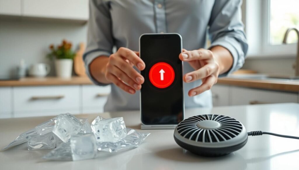 A modern smartphone displayed on a kitchen counter, showing signs of overheating with a bright red temperature warning icon on the screen. The foreground features ice packs and a small cooling fan positioned next to the device, emphasizing immediate cooling solutions. In the middle ground, a hand gently touches the phone, showcasing a professional individual wearing modest casual clothing. The background features a clean, well-lit kitchen space with soft natural light coming from a window, creating a calm and controlled atmosphere. The composition should be shot from a slightly elevated angle, focusing on the interaction between the hand and the phone, while minimizing distractions to keep the viewer's attention on the cooling devices. A modern smartphone displayed on a kitchen counter, showing signs of overheating with a bright red temperature warning icon on the screen. The foreground features ice packs and a small cooling fan positioned next to the device, emphasizing immediate cooling solutions. In the middle ground, a hand gently touches the phone, showcasing a professional individual wearing modest casual clothing. The background features a clean, well-lit kitchen space with soft natural light coming from a window, creating a calm and controlled atmosphere. The composition should be shot from a slightly elevated angle, focusing on the interaction between the hand and the phone, while minimizing distractions to keep the viewer's attention on the cooling devices.