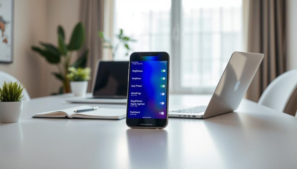 A modern smartphone displayed prominently in the foreground, its screen glowing with vivid brightness settings, showcasing a visual representation of different brightness levels. The middle ground features a serene workspace with a stylish desk; a laptop, a notepad, and a small potted plant add to the ambiance. In the background, soft, diffused natural light filters through a large window, enhancing the mood of productivity. Subtle reflections on the phone’s screen suggest its advanced technology. The setting conveys a sense of clarity and focus, emphasizing the importance of adjusting display and connectivity settings. The overall atmosphere is calm and efficient, inviting viewers to contemplate the impact of screen brightness on battery life in a professional context. A modern smartphone displayed prominently in the foreground, its screen glowing with vivid brightness settings, showcasing a visual representation of different brightness levels. The middle ground features a serene workspace with a stylish desk; a laptop, a notepad, and a small potted plant add to the ambiance. In the background, soft, diffused natural light filters through a large window, enhancing the mood of productivity. Subtle reflections on the phone’s screen suggest its advanced technology. The setting conveys a sense of clarity and focus, emphasizing the importance of adjusting display and connectivity settings. The overall atmosphere is calm and efficient, inviting viewers to contemplate the impact of screen brightness on battery life in a professional context.