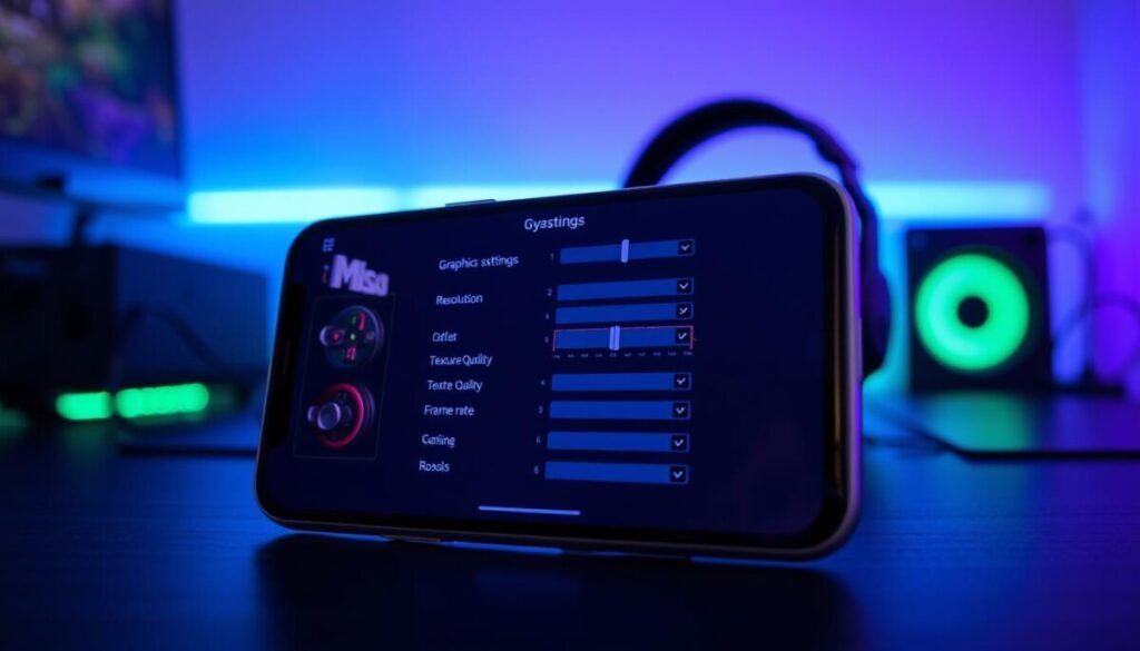 A modern smartphone displayed prominently in the foreground with its screen showcasing a vibrant graphics settings menu, filled with various options like resolution, texture quality, and frame rate. The middle ground features a sleek gaming setup with a gaming controller and headphones, emphasizing a tech-savvy environment. In the background, subtle hints of a dimly-lit room enhance the focus on the device, with soft blue and green LED lights casting an ambient glow. The image employs a slightly tilted angle for a dynamic perspective. The overall mood is energetic yet focused, reflecting the importance of software adjustments in optimizing gaming performance. No text, captions, or logos are included, ensuring a clean composition. A modern smartphone displayed prominently in the foreground with its screen showcasing a vibrant graphics settings menu, filled with various options like resolution, texture quality, and frame rate. The middle ground features a sleek gaming setup with a gaming controller and headphones, emphasizing a tech-savvy environment. In the background, subtle hints of a dimly-lit room enhance the focus on the device, with soft blue and green LED lights casting an ambient glow. The image employs a slightly tilted angle for a dynamic perspective. The overall mood is energetic yet focused, reflecting the importance of software adjustments in optimizing gaming performance. No text, captions, or logos are included, ensuring a clean composition.