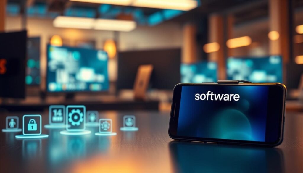 A modern smartphone displaying a "software update" screen prominently in the foreground, with a sleek, futuristic design reflecting vibrant colors of blue and green, symbolizing technology and progress. In the middle ground, subtle holographic icons represent various software features and updates, gently glowing to indicate activity. The background features a soft-focus, high-tech workspace with blurred computer screens and a well-organized desk, creating a professional atmosphere. Warm, ambient lighting enhances the mood, lending a sense of security and reliability. The composition is shot from a slightly elevated angle, focusing on the phone while maintaining clarity on the surrounding elements, conveying the importance of updates in maintaining device performance and preventing overheating.