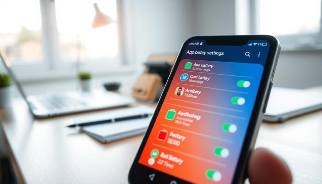 A modern smartphone displaying app battery settings on its screen, set against a clean, tech-themed workspace. In the foreground, the smartphone features a vibrant interface showcasing various app icons highlighting battery usage statistics in vivid colors. The middle ground includes elements like a desk with a sleek laptop and a notepad, suggesting a productive atmosphere. In the background, soft-focus natural light filters in from a window, creating a warm and inviting environment. The angle should be slightly tilted, capturing both the phone and the surrounding workspace to emphasize the theme of battery management. The overall mood is professional and focused, with a hint of technological advancement, indicative of modern smartphone usage.