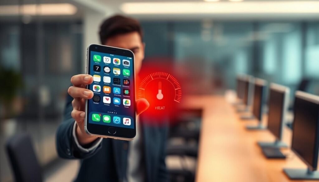 A modern smartphone displaying multiple app icons on its screen, surrounded by a warm, glowing aura to symbolize overheating. In the foreground, a hand is gently holding the phone, showcasing a focused look of concern on a person's face, dressed in smart casual attire. In the middle, an abstract representation of temperature gauges and warning symbols emanates from the phone, visually suggesting a rise in heat. The background features a blurred office environment with soft, diffused lighting to create a professional atmosphere. The colors are warm but balanced, with a hint of urgency, aimed at illustrating the crucial topic of identifying overheating apps. The overall mood is serious yet informative, emphasizing the importance of recognizing app-related overheating issues.