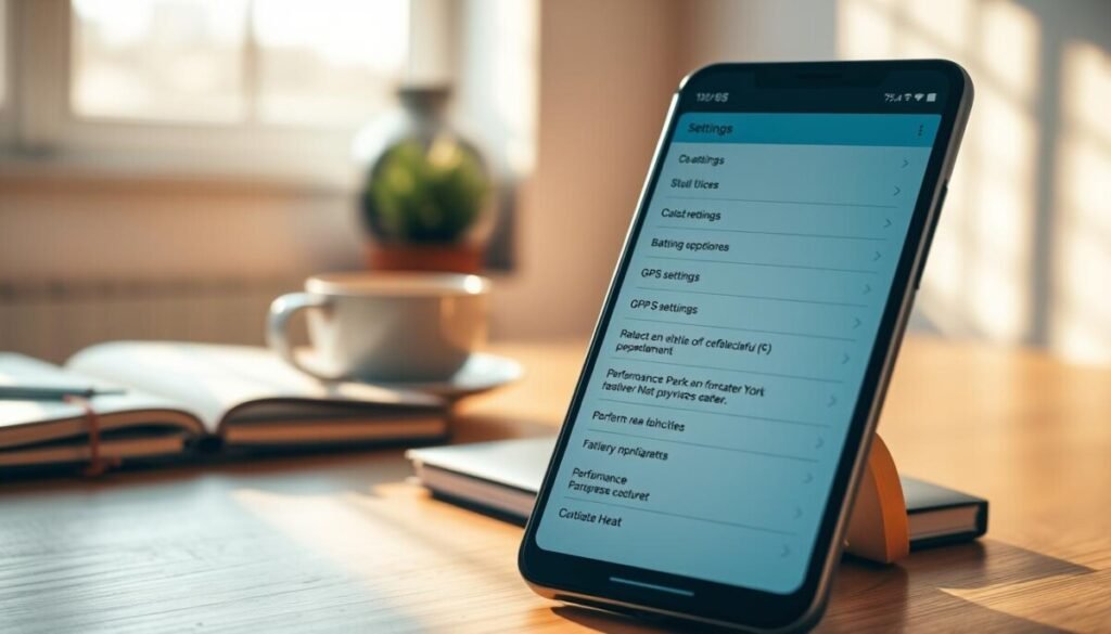 A modern smartphone displaying settings menus on its screen, focused on optimizing performance to reduce heat. In the foreground, the phone is angled slightly to showcase a bright, colorful interface showing battery options, GPS settings, and performance tweaks. The middle ground features a warm-toned desk, subtly cluttered with a coffee cup and a notebook, enhancing the cozy atmosphere of a workspace. In the background, soft-focus sunlight streams through a window, casting gentle shadows that evoke a calm and productive mood. The lighting is warm yet balanced, creating inviting contrasts. Implement a shallow depth of field to emphasize the phone while maintaining an overall serene ambiance in the setting. The image should evoke a sense of efficiency and smart tech handling in a professional environment.