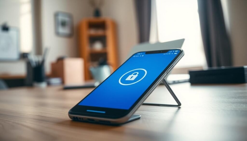 A modern smartphone displaying temperature data on its screen, placed on a sleek wooden desk. In the foreground, the phone is focused, with a digital thermometer icon and privacy padlock symbol on the display, representing data privacy. The middle layer shows a softly lit environment with a blurred laptop and some office supplies, hinting at a technology workspace. In the background, a window allows natural light to filter in, creating a warm atmosphere. The scene uses a shallow depth of field to emphasize the phone while keeping the surroundings gently out of focus. This image conveys a sense of professionalism and trust, highlighting the intersection of system performance monitoring and data privacy concerns. A modern smartphone displaying temperature data on its screen, placed on a sleek wooden desk. In the foreground, the phone is focused, with a digital thermometer icon and privacy padlock symbol on the display, representing data privacy. The middle layer shows a softly lit environment with a blurred laptop and some office supplies, hinting at a technology workspace. In the background, a window allows natural light to filter in, creating a warm atmosphere. The scene uses a shallow depth of field to emphasize the phone while keeping the surroundings gently out of focus. This image conveys a sense of professionalism and trust, highlighting the intersection of system performance monitoring and data privacy concerns.