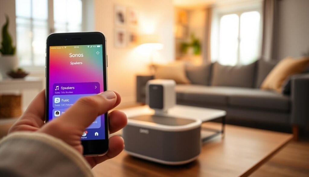 A modern smartphone displaying the Sonos app interface, prominently featuring the app's sleek design and vibrant color scheme. The foreground includes close-up details of a finger interacting with the app, selecting various speakers and music options. In the middle ground, a stylish Sonos speaker sits on a minimalist desk, with ambient lighting casting a warm glow, emphasizing the device's elegant lines. The background showcases a cozy living room environment, with soft, natural light filtering through a window, creating an inviting atmosphere. The overall mood conveys a sense of calm and focus, perfect for troubleshooting advanced connection issues. Use a slightly blurred depth of field effect to keep attention on the phone and speaker. A modern smartphone displaying the Sonos app interface, prominently featuring the app's sleek design and vibrant color scheme. The foreground includes close-up details of a finger interacting with the app, selecting various speakers and music options. In the middle ground, a stylish Sonos speaker sits on a minimalist desk, with ambient lighting casting a warm glow, emphasizing the device's elegant lines. The background showcases a cozy living room environment, with soft, natural light filtering through a window, creating an inviting atmosphere. The overall mood conveys a sense of calm and focus, perfect for troubleshooting advanced connection issues. Use a slightly blurred depth of field effect to keep attention on the phone and speaker.