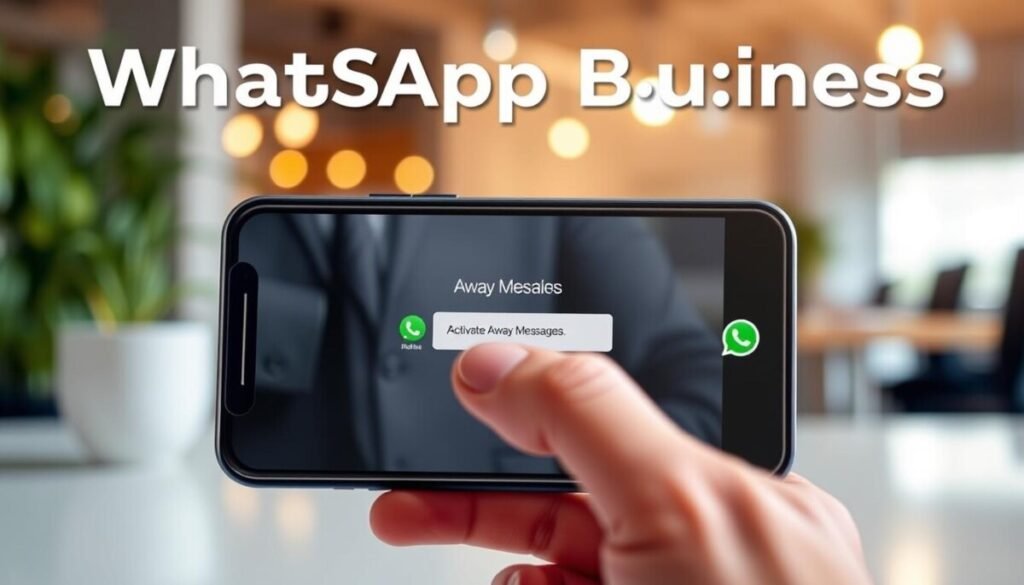 A modern smartphone displaying the WhatsApp Business app interface, prominently featuring the "Away Message" setup screen. The foreground focuses on the smartphone, showing hands in professional business attire gently navigating the screen. In the middle, vibrant icons related to messaging and auto-replies are visible, with a clear emphasis on the "Activate Away Messages" button. The background includes a softly blurred office environment with warm lighting, suggesting a professional yet relaxed atmosphere. The overall mood is one of efficiency and modernity, reflecting a sense of organization and ease in managing business communications. The image should convey clarity and simplicity, suitable for a instructional guide. A modern smartphone displaying the WhatsApp Business app interface, prominently featuring the "Away Message" setup screen. The foreground focuses on the smartphone, showing hands in professional business attire gently navigating the screen. In the middle, vibrant icons related to messaging and auto-replies are visible, with a clear emphasis on the "Activate Away Messages" button. The background includes a softly blurred office environment with warm lighting, suggesting a professional yet relaxed atmosphere. The overall mood is one of efficiency and modernity, reflecting a sense of organization and ease in managing business communications. The image should convey clarity and simplicity, suitable for a instructional guide.
