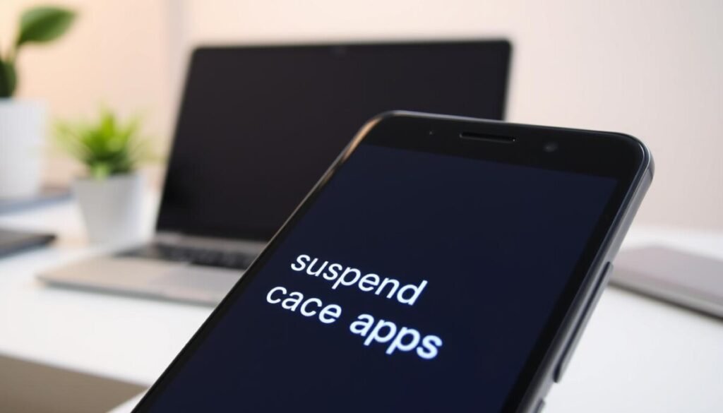 A modern smartphone displaying the "suspend cached apps" feature, prominently in the foreground with its sleek screen glowing. The background features a subtle blurred office setting, hinting at a workspace for Android developers. Soft, diffused lighting casts gentle highlights on the phone, enhancing its design features while creating a warm, focused atmosphere. The angle captures the phone from a slight elevation, emphasizing the display, while keeping the edges of the device in sharp focus. The setting suggests a sense of productivity and efficiency, reflecting the importance of managing background processes in reducing heat and battery drain. A modern smartphone displaying the "suspend cached apps" feature, prominently in the foreground with its sleek screen glowing. The background features a subtle blurred office setting, hinting at a workspace for Android developers. Soft, diffused lighting casts gentle highlights on the phone, enhancing its design features while creating a warm, focused atmosphere. The angle captures the phone from a slight elevation, emphasizing the display, while keeping the edges of the device in sharp focus. The setting suggests a sense of productivity and efficiency, reflecting the importance of managing background processes in reducing heat and battery drain.