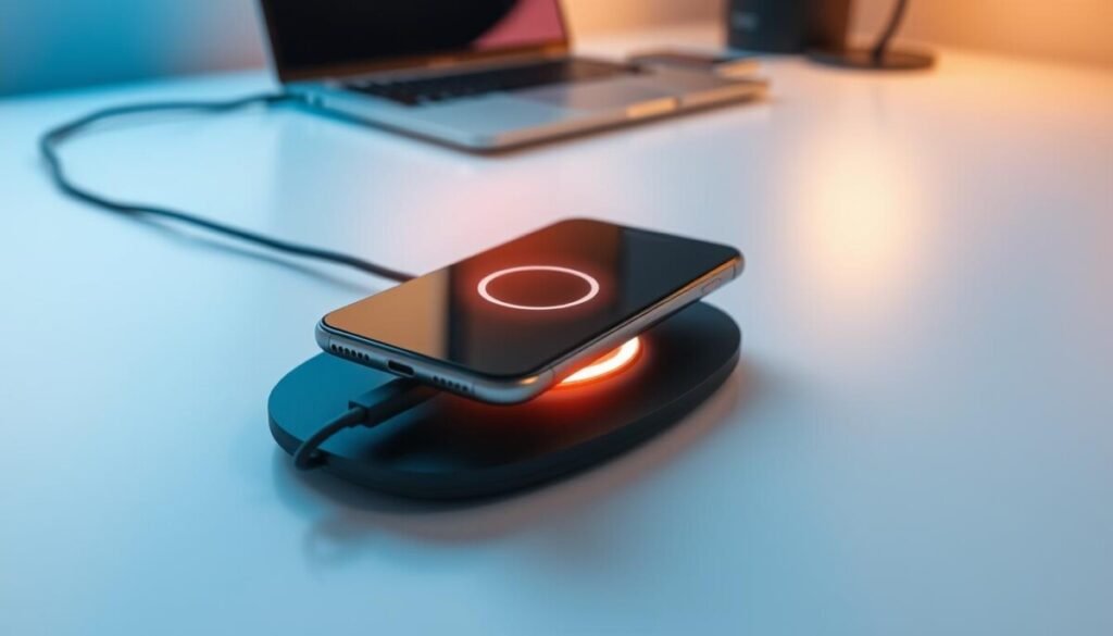 A modern smartphone is placed on a sleek, dark-colored charging pad, subtly illuminated by soft, warm light to highlight its contours. The device emits a gentle glow around the charging port, indicating warmth, while subtle heat waves emerge around it to illustrate the temperature increase during charging. In the background, a minimalist workspace is visible with a neutral-colored desk and a laptop, suggesting a productive environment. The image is captured from a slightly elevated angle, ensuring a clear focus on both the smartphone and the charging pad. The atmosphere is calm and professional, evoking a sense of curiosity about technology. The lighting should be soft yet sufficient to emphasize the effects of heat in the charging process. A modern smartphone is placed on a sleek, dark-colored charging pad, subtly illuminated by soft, warm light to highlight its contours. The device emits a gentle glow around the charging port, indicating warmth, while subtle heat waves emerge around it to illustrate the temperature increase during charging. In the background, a minimalist workspace is visible with a neutral-colored desk and a laptop, suggesting a productive environment. The image is captured from a slightly elevated angle, ensuring a clear focus on both the smartphone and the charging pad. The atmosphere is calm and professional, evoking a sense of curiosity about technology. The lighting should be soft yet sufficient to emphasize the effects of heat in the charging process.