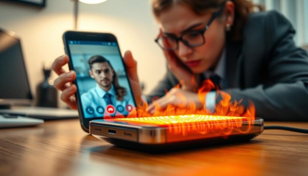A modern smartphone on a desk, visibly overheating with heat waves emanating from its surface, emphasizing its glossy screen and sleek design. In the foreground, a worried user in professional business attire intently watching a video call on the phone, showcasing stress or concern about the device. In the middle, the phone screen displays a video call interface slightly blurred to focus on the phone's heating issue. The background is a softly lit home office environment with some personal items on the desk, suggesting a real-life scenario. The lighting should create a warm, anxious atmosphere, accentuating the heat of the phone with a subtle glow. The angle should be slightly tilted down to emphasize both the user and the smartphone, capturing the urgency of the situation.