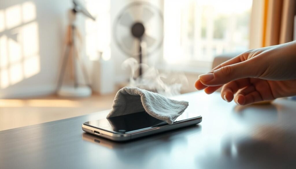 A modern smartphone placed on a sleek, cool metal surface, emitting gentle wisps of steam to suggest heat dissipation. In the foreground, a hand lightly touches the phone, applying an ice pack wrapped in a cloth to cool it down, emphasizing the action of cooling. The background features a soft-focus view of a comfortable indoor setting, with a fan blowing air and a small bowl of ice nearby. Natural daylight through a window creates a calm and serene atmosphere, enhancing the mood of relief and comfort. The image should capture a warm color palette transitioning to cooler tones around the phone, symbolizing the cooling process. Use a slightly tilted angle to add dynamism and focus on the action.
