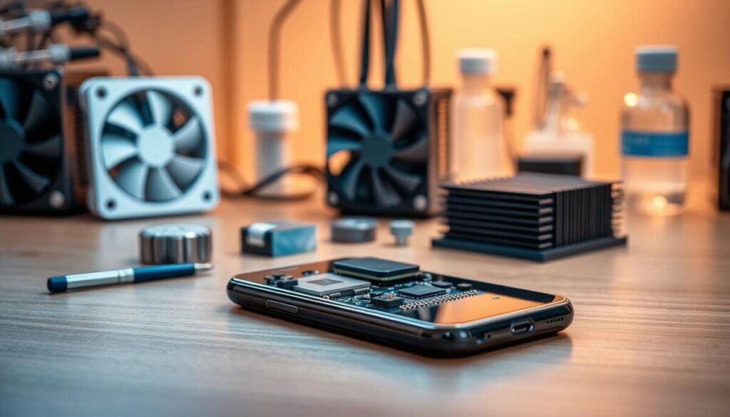 A modern smartphone placed on a sleek, minimalistic wooden desk as the foreground, highlighting its intricate hardware features like the processor, battery, and circuit board under a transparent casing. In the middle ground, a well-organized workspace includes tech gadgets like a cooling fan, thermal paste, and heat sinks, subtly arranged around the smartphone. The background features a softly blurred laboratory setting, illuminated by warm, diffused lighting, accentuating a high-tech atmosphere. The image is captured from a slightly elevated angle, conveying a sense of depth and allowing the viewer to appreciate the hardware components underneath the phone’s glass screen. The overall mood is professional and informative, evoking curiosity about the engineering behind modern smartphones.