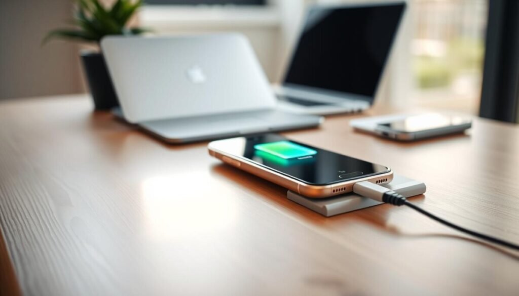 A modern smartphone positioned on a sleek wooden desk, plugged into a charger as it undergoes the charging process. The focus is on the phone screen displaying a vibrant battery icon, almost full, glowing softly. In the foreground, there is a subtle reflection of ambient light from a nearby window, creating a warm and inviting atmosphere. The background features a minimalistic home office setup with a blurred laptop and a potted plant, highlighting a professional yet cozy environment. Soft, diffused lighting enhances the detail of the phone and charger, while capturing the essence of best practices in maintaining smartphone battery life. The composition emphasizes clarity and focus on the charging process without any distractions. A modern smartphone positioned on a sleek wooden desk, plugged into a charger as it undergoes the charging process. The focus is on the phone screen displaying a vibrant battery icon, almost full, glowing softly. In the foreground, there is a subtle reflection of ambient light from a nearby window, creating a warm and inviting atmosphere. The background features a minimalistic home office setup with a blurred laptop and a potted plant, highlighting a professional yet cozy environment. Soft, diffused lighting enhances the detail of the phone and charger, while capturing the essence of best practices in maintaining smartphone battery life. The composition emphasizes clarity and focus on the charging process without any distractions.