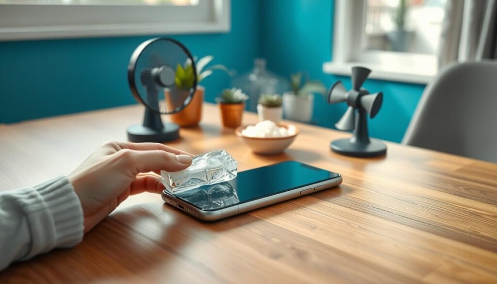 A modern smartphone resting on a sleek, stylish wooden table, surrounded by a cool blue backdrop that conveys a sense of calm and efficiency. In the foreground, a hand gently holds an ice pack against the phone to symbolize cooling down, while a small fan positioned nearby blows a gentle breeze towards it. In the middle ground, an assortment of cooling methods like a small bowl of rice and a few potted plants suggest a homey environment. The lighting is soft, with natural sunlight filtering through a nearby window, casting gentle shadows and enhancing the serene atmosphere. The overall mood should evoke a sense of urgency in a peaceful setting, illustrating immediate steps to keep a phone cool without distractions or clutter. A modern smartphone resting on a sleek, stylish wooden table, surrounded by a cool blue backdrop that conveys a sense of calm and efficiency. In the foreground, a hand gently holds an ice pack against the phone to symbolize cooling down, while a small fan positioned nearby blows a gentle breeze towards it. In the middle ground, an assortment of cooling methods like a small bowl of rice and a few potted plants suggest a homey environment. The lighting is soft, with natural sunlight filtering through a nearby window, casting gentle shadows and enhancing the serene atmosphere. The overall mood should evoke a sense of urgency in a peaceful setting, illustrating immediate steps to keep a phone cool without distractions or clutter.
