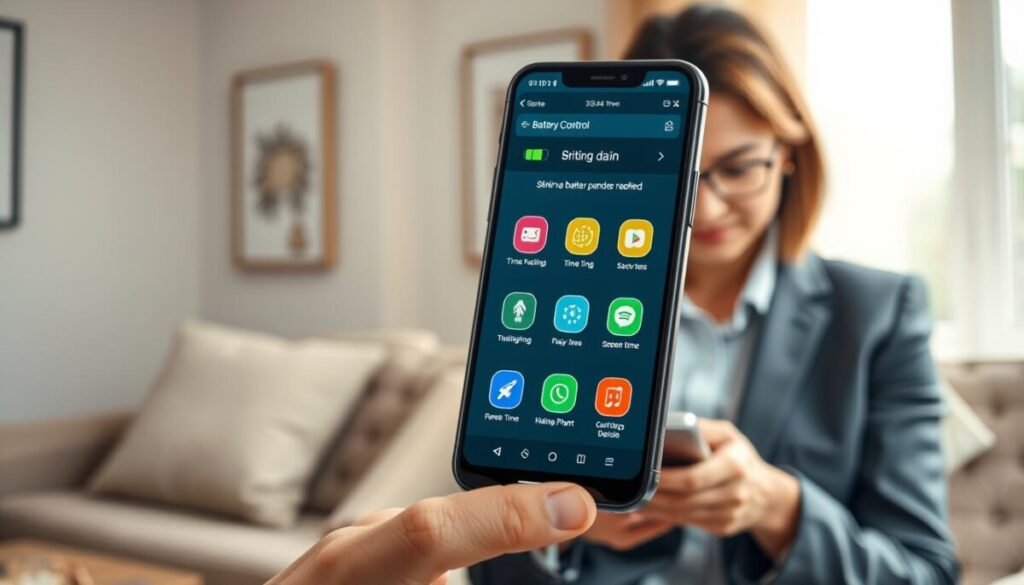 A modern smartphone screen displaying a striking visual representation of battery drain, with a parental control app interface in focus. The foreground features a vivid battery icon showing a low charge, surrounded by colorful icons of various app features like time tracking and usage reports. In the middle ground, a professional parent gently holding the phone, depicted in modest business attire, displaying concern about their child's screen time while scrolling through the app. The background shows a cozy living room with soft natural light filtering through a window, creating a warm and inviting atmosphere. The overall mood is one of vigilance and care, emphasizing the balance between parental control and device performance. Use a shallow depth of field to draw attention to the phone and the parent's expression, capturing the essence of concern for device health. A modern smartphone screen displaying a striking visual representation of battery drain, with a parental control app interface in focus. The foreground features a vivid battery icon showing a low charge, surrounded by colorful icons of various app features like time tracking and usage reports. In the middle ground, a professional parent gently holding the phone, depicted in modest business attire, displaying concern about their child's screen time while scrolling through the app. The background shows a cozy living room with soft natural light filtering through a window, creating a warm and inviting atmosphere. The overall mood is one of vigilance and care, emphasizing the balance between parental control and device performance. Use a shallow depth of field to draw attention to the phone and the parent's expression, capturing the essence of concern for device health.