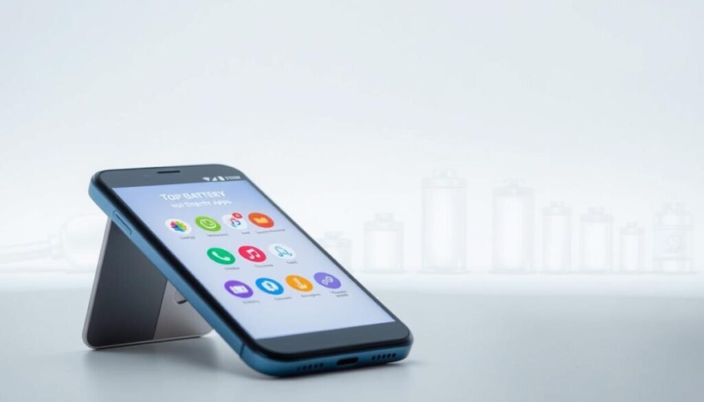 A modern smartphone screen displaying the icons of various top battery health apps in vivid colors, set against a clean, minimalist white background. In the foreground, the phone is angled slightly to highlight the screen, with a soft glow emanating from it, suggesting active monitoring. The middle ground features faint outlines of smartphone-related elements like batteries and charging cables, providing context without overpowering the main subject. The background is a subtle gradient of light blue to white, creating a tech-savvy atmosphere. Soft, even lighting enhances clarity and focus on the phone, while maintaining a professional and inviting mood. The overall composition encapsulates the essence of battery health monitoring apps for Android users.