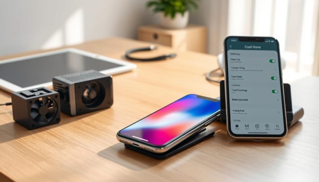 A modern smartphone sitting on a sleek, wooden desk in a well-lit home office. The phone's screen displays a paused streaming service, with vibrant colors reflecting off its glossy surface. Surrounding the phone are various thermal management tools: a small fan, a cooling pad, and an app interface showcasing settings for battery optimization. Soft, natural light filters in through a nearby window, casting gentle shadows, creating a calming atmosphere. In the background, there are subtle hints of tech accessories neatly arranged—a tablet and headphones, suggesting a tech-savvy environment. The scene embodies a sense of efficiency and organization, focusing on optimizing device performance while ensuring it remains cool and functional. A modern smartphone sitting on a sleek, wooden desk in a well-lit home office. The phone's screen displays a paused streaming service, with vibrant colors reflecting off its glossy surface. Surrounding the phone are various thermal management tools: a small fan, a cooling pad, and an app interface showcasing settings for battery optimization. Soft, natural light filters in through a nearby window, casting gentle shadows, creating a calming atmosphere. In the background, there are subtle hints of tech accessories neatly arranged—a tablet and headphones, suggesting a tech-savvy environment. The scene embodies a sense of efficiency and organization, focusing on optimizing device performance while ensuring it remains cool and functional.