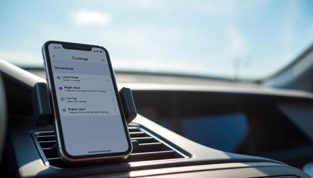 A modern smartphone, specifically an iPhone, placed in a sleek car mount, visibly showcasing cooling elements like vents and a small fan. The foreground features the iPhone with its screen displaying settings for temperature optimization, such as "Low Power Mode" and "Brightness Adjust." In the middle, the car interior is illuminated by soft, natural sunlight filtering through a window, enhancing the sleek design and modern technology. The background shows a clear blue sky through the windshield, suggesting a warm day. The mood is calm and tech-savvy, conveying a sense of practical advice for managing device temperature. This image captures the balance between technology and everyday life in a professional manner. A modern smartphone, specifically an iPhone, placed in a sleek car mount, visibly showcasing cooling elements like vents and a small fan. The foreground features the iPhone with its screen displaying settings for temperature optimization, such as "Low Power Mode" and "Brightness Adjust." In the middle, the car interior is illuminated by soft, natural sunlight filtering through a window, enhancing the sleek design and modern technology. The background shows a clear blue sky through the windshield, suggesting a warm day. The mood is calm and tech-savvy, conveying a sense of practical advice for managing device temperature. This image captures the balance between technology and everyday life in a professional manner.
