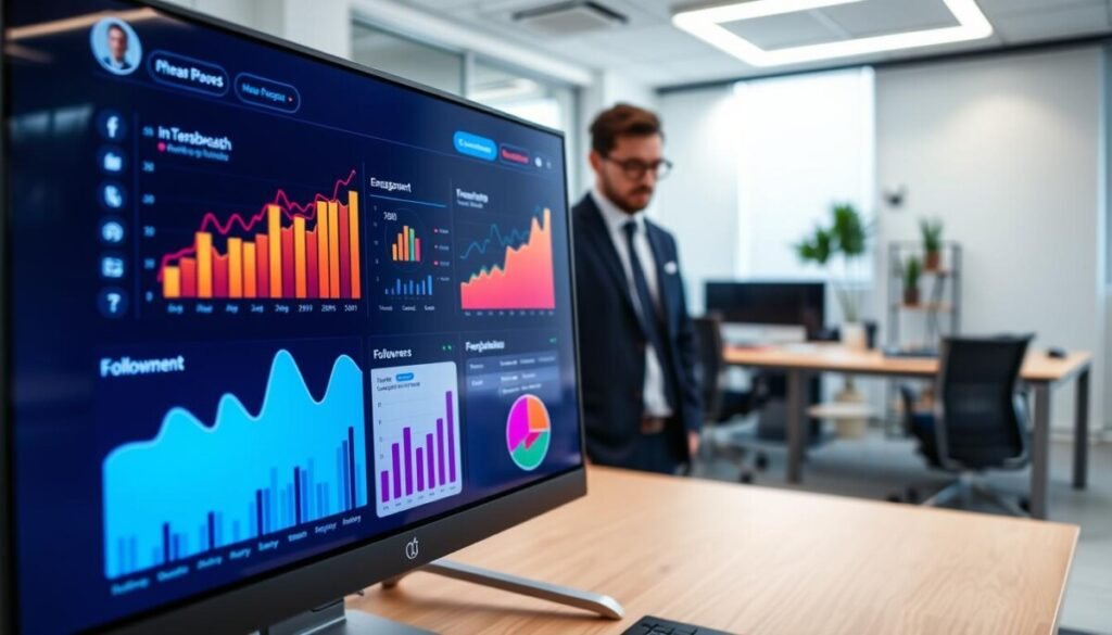 A modern social media dashboard displayed on a sleek computer monitor. In the foreground, vibrant graphs and performance metrics show the growth of a fictional Threads account, with bar charts, line graphs, and pie charts in various colors illustrating engagement, follower count, and reach. In the middle ground, a stylish office space with a professional individual in business attire, focused on the dashboard. The background features a minimalist design with soft lighting, creating a clean and organized atmosphere. The overall mood is dynamic and insightful, reflecting the analytical theme with a sense of professionalism and productivity. The angle is a slightly high perspective, emphasizing the dashboard while keeping the office environment in view, enhancing the context of social platform comparison. A modern social media dashboard displayed on a sleek computer monitor. In the foreground, vibrant graphs and performance metrics show the growth of a fictional Threads account, with bar charts, line graphs, and pie charts in various colors illustrating engagement, follower count, and reach. In the middle ground, a stylish office space with a professional individual in business attire, focused on the dashboard. The background features a minimalist design with soft lighting, creating a clean and organized atmosphere. The overall mood is dynamic and insightful, reflecting the analytical theme with a sense of professionalism and productivity. The angle is a slightly high perspective, emphasizing the dashboard while keeping the office environment in view, enhancing the context of social platform comparison.