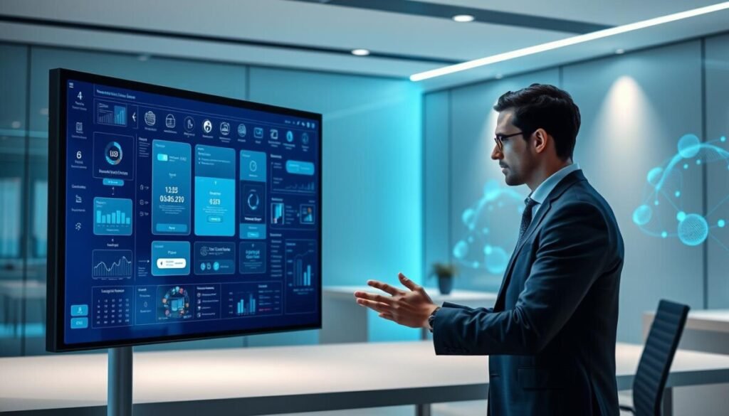 A modern software architecture interface design, set in a sleek, minimalist office environment. In the foreground, a large touchscreen interface displays various software components and flow diagrams, showcasing interactive elements and real-time analytics. The middle layer features a professional-looking user in business attire, engaging with the interface, their intent focused and analytical. In the background, subtle hints of digital graphics and abstract representations of data flow weave through the space, illuminated by soft, ambient lighting that creates a high-tech atmosphere. The image captures a sense of innovation and clarity, with a clean color palette of blues and whites, emphasizing a professional working environment in the field of streaming software.