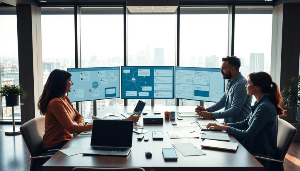 A modern, stylish office environment bustling with activity focused on digital thread management. In the foreground, a diverse group of three professionals—two women and one man—are engaged in a lively discussion around a large table covered with digital devices and brainstorming materials. In the middle, screens display interconnected threads and conversation maps, highlighting effective communication strategies. The background features large windows giving a view of a city skyline, with natural light pouring in, creating a bright and inviting atmosphere. The composition should include soft shadows, with an emphasis on collaboration and innovation, showcasing a sense of urgency and organization in managing digital conversations. The mood is dynamic yet professional, emphasizing teamwork and strategic planning.
